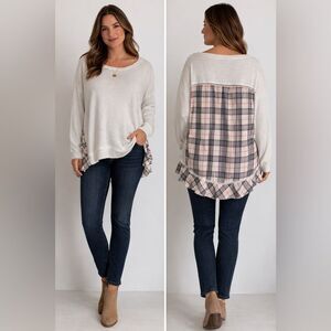Boutique Mixed Media Striped Top XL Cotton Blend Cuffed Long Sleeve EUC